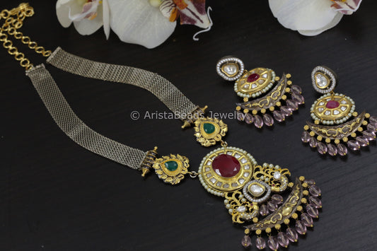 Contemporary Two Tone Kundan Necklace Set - Ruby