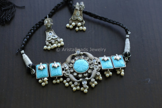 Carved Stones & CZ Choker Set - Turquoise