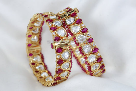Uncut Polki & Ruby CZ Bangle Set