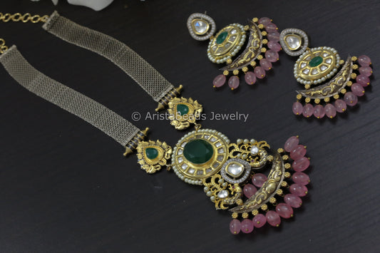 Contemporary Two Tone Kundan Necklace Set - Green