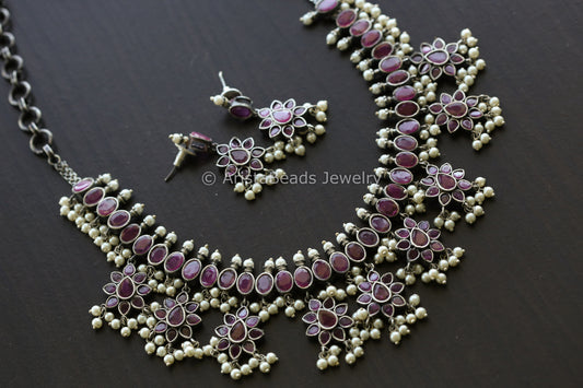 CZ Oxidized Necklace Set - Ruby  Red