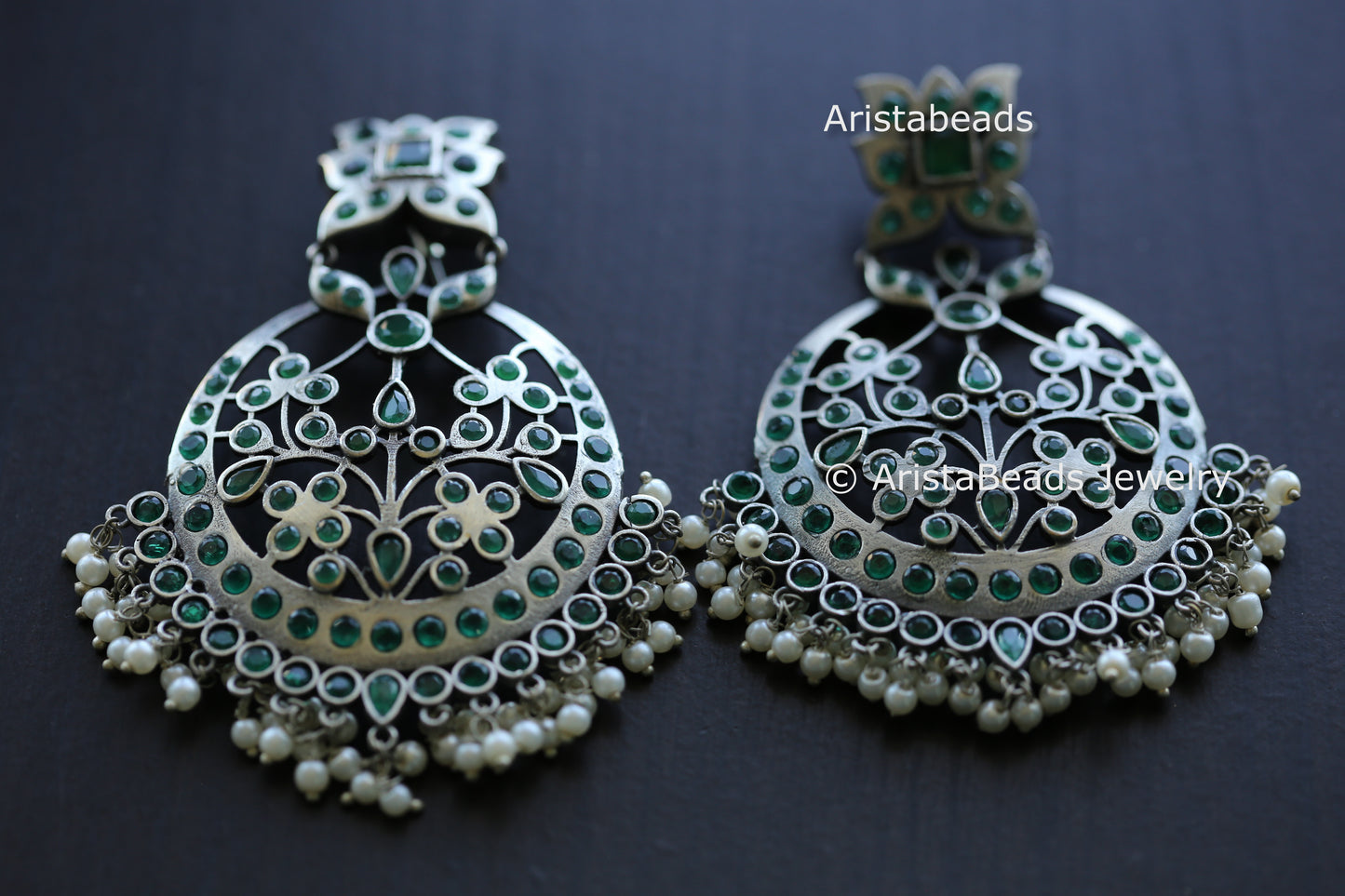 Large Jadau CZ Setting Earrings - Green