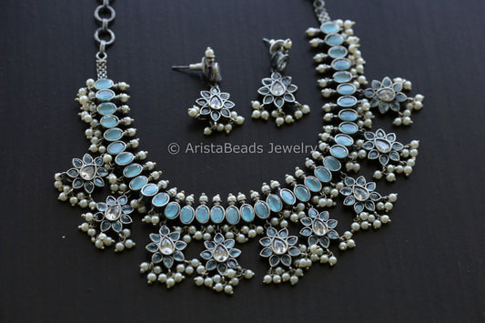 CZ Oxidized Necklace Set - Ice Blue