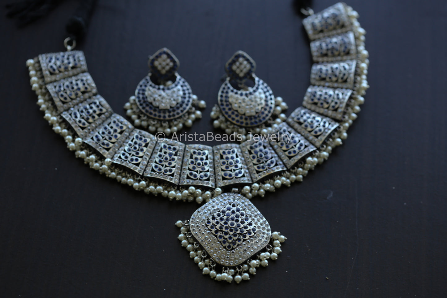Jadau CZ Oxidized Necklace Set - Clear Blue