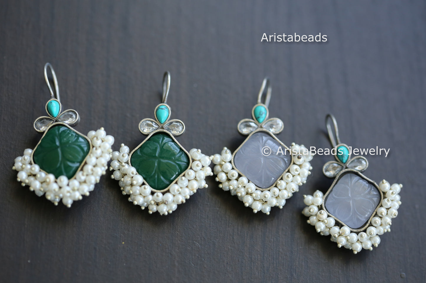 Carved Stone $ Pearl Earrings