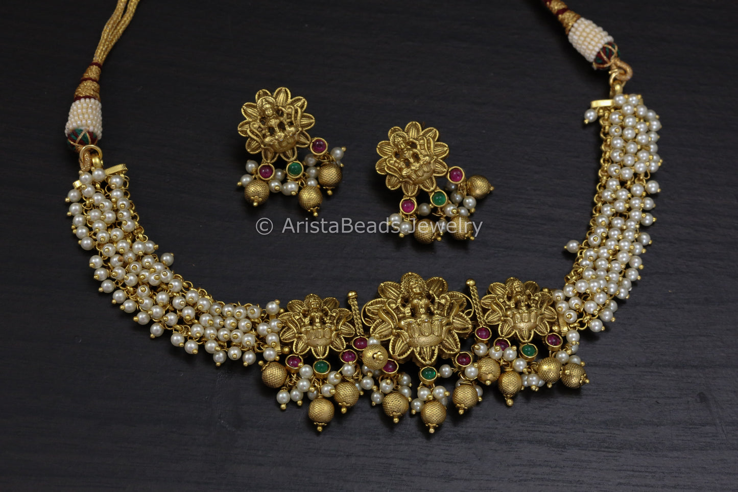 Lakshmi Temple Necklace Set - Pearl
