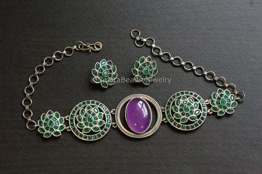 Silver Look Purple Green CZ Choker Set
