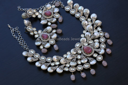 Uncut Kundan CZ & Baroque Pearl Necklace Set