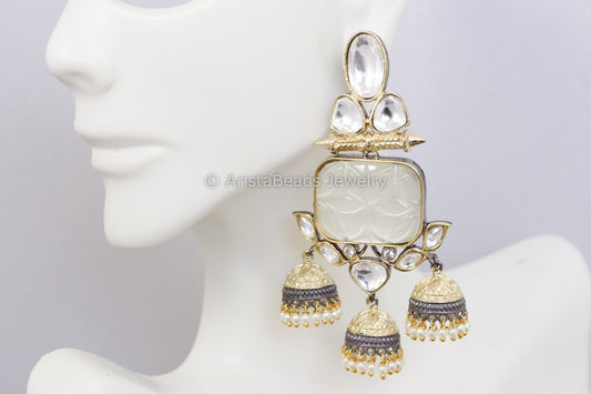 Carved Stone Layered Jhumka - Pastel Yellow