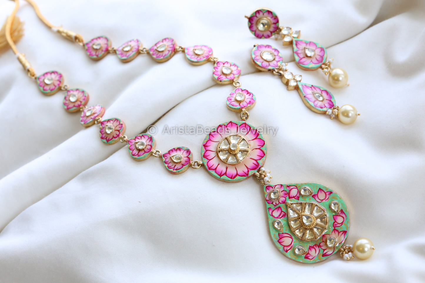 Pachi Kundan Meenakari Necklace Set - Pink