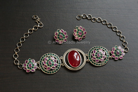 Silver Look Red  Ruby CZ Choker Set