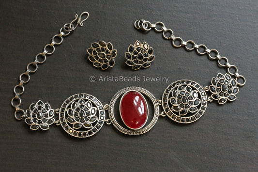 Silver Look Red Black CZ Choker Set