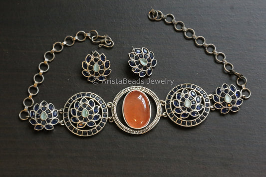 Silver Look Orange Blue Choker Set