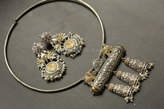 Dual Tone Hasli Necklace Set - Ruby