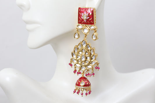 Premium Quality Glazed Kundan Earrings - Red