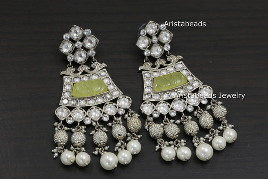 Amrapali Carved Stone Foil Kundan Earrings - Yellow
