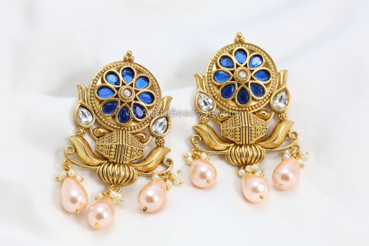 Silver Look-Alike Kundan Antique Gold Earrings - Blue