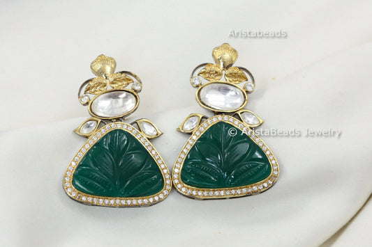 Carved Stone Uncut Polki Kundan Earrings  - Green
