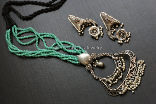 Tribal Oxidized Pearl Drop Necklace Set - Mint