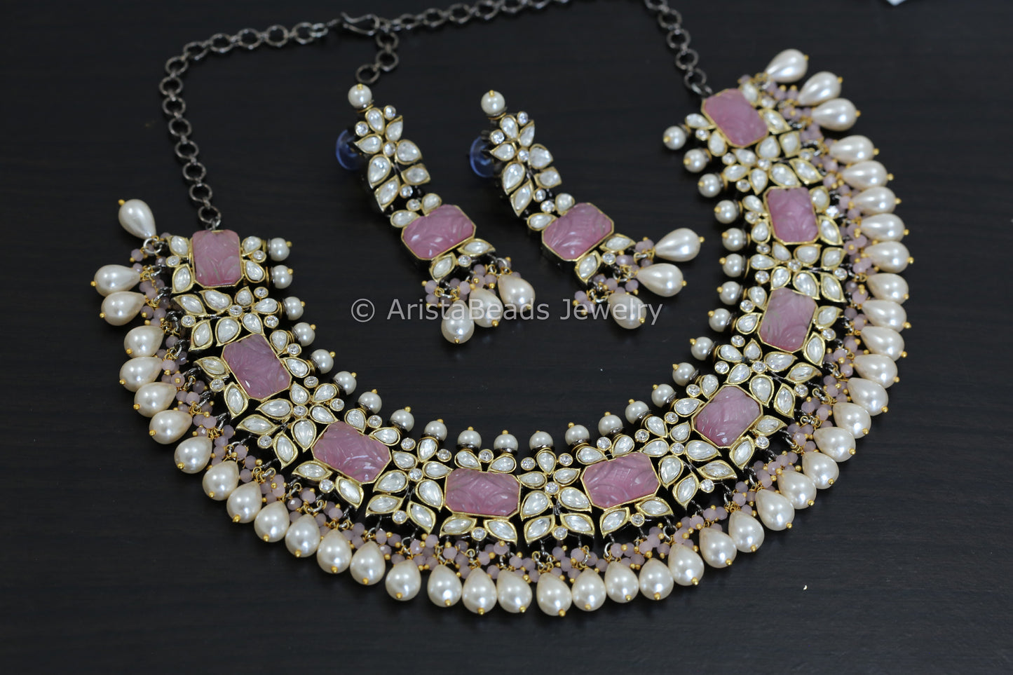 Silver Foil Polki Kundan & Carved Stone Necklace Set  - Pink