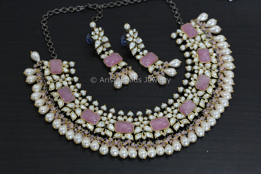 Silver Foil Polki Kundan & Carved Stone Necklace Set  - Pink