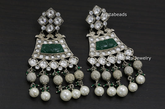 Amrapali Carved Stone Foil Kundan Earrings - Green