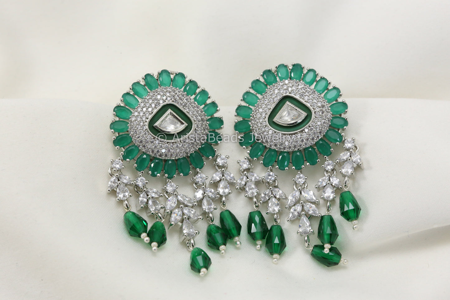 CZ Kundan Earrings - Green