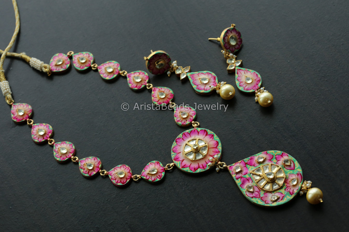 Pachi Kundan Meenakari Necklace Set - Pink