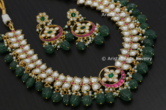 Jadau Kundan Necklace Set - Green Strawberry Quartz