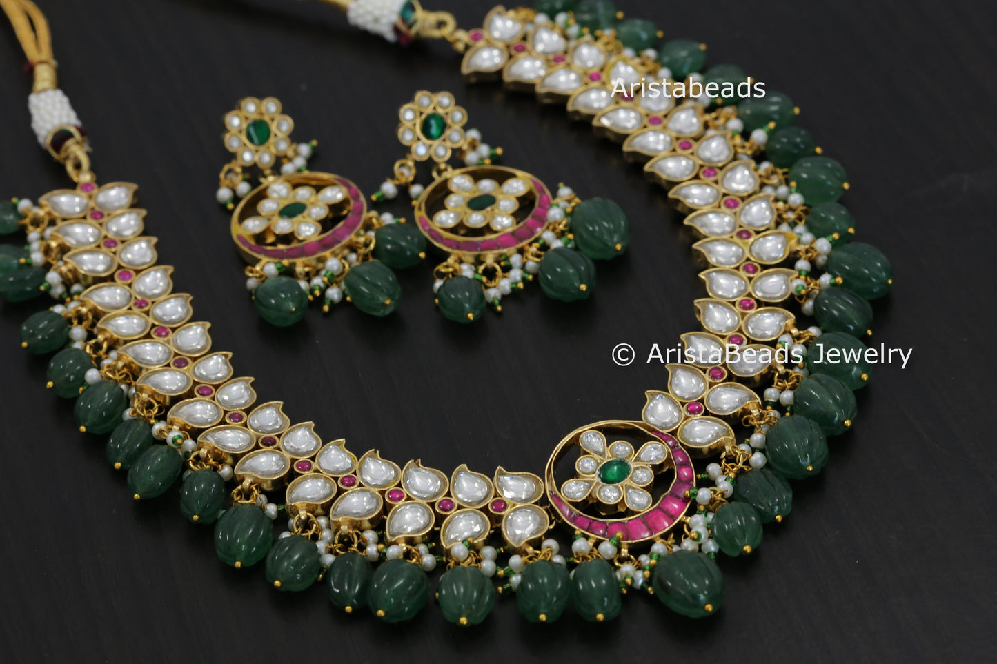Jadau Kundan Necklace Set - Green Strawberry Quartz