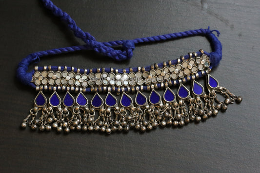 Darpan Oxidized Real Glass Necklace- Clear & Blue