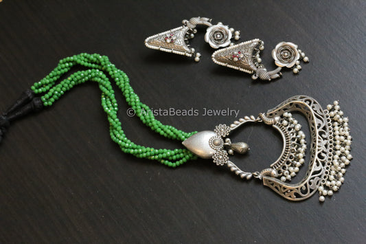 Tribal Oxidized Pearl Drop Necklace Set - Green
