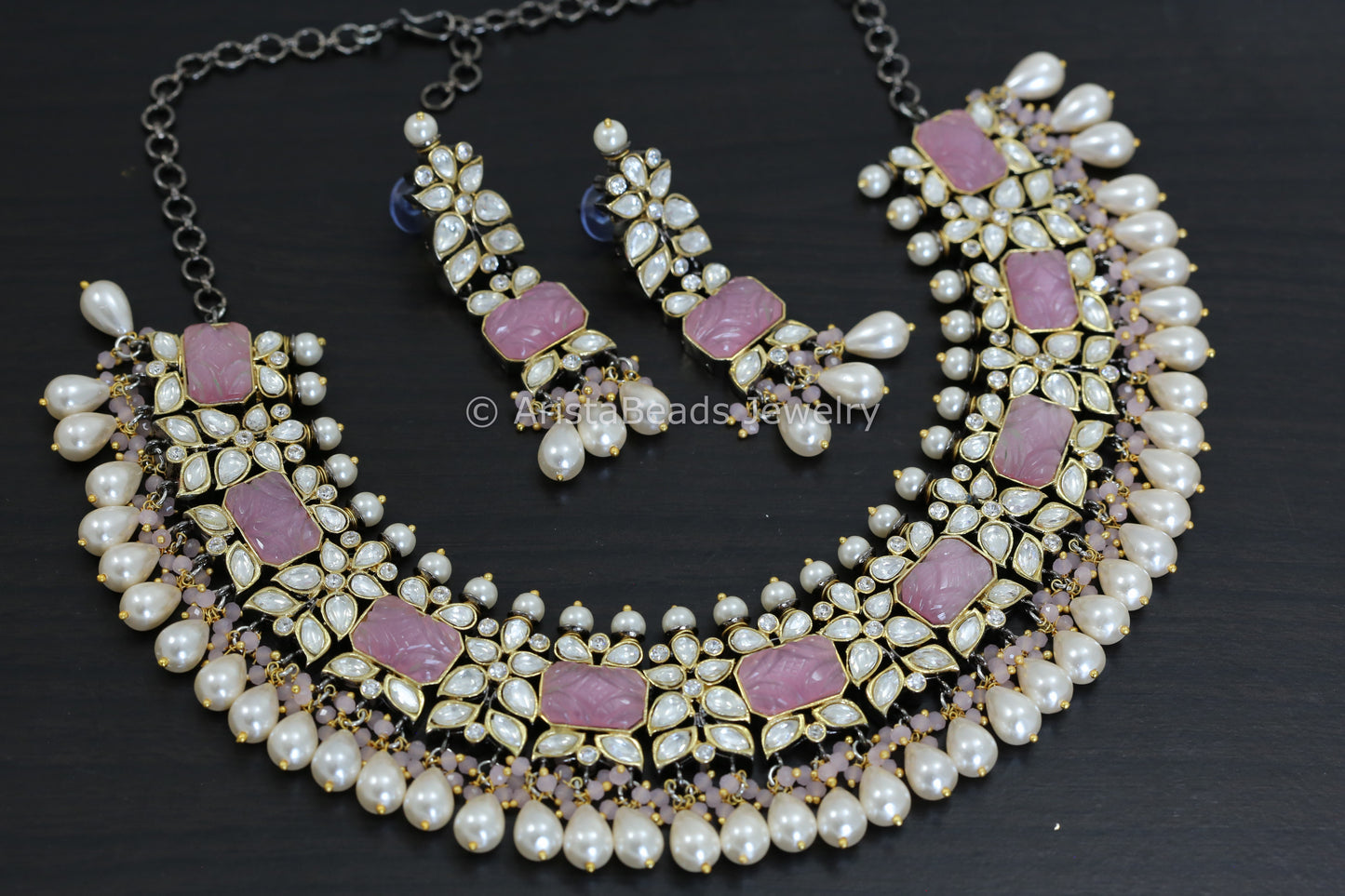 Silver Foil Polki Kundan & Carved Stone Necklace Set  - Pink