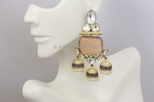 Carved Stone Layered Jhumka - Peach