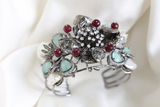 Victorian Finish CZ & Baroque Pearl Bracelet ( Adjustable)