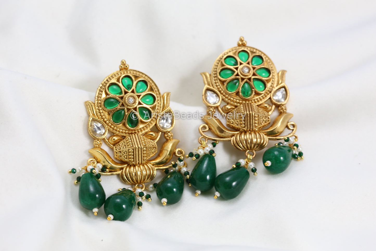 Silver Look-Alike Kundan Antique Gold Earrings - Green