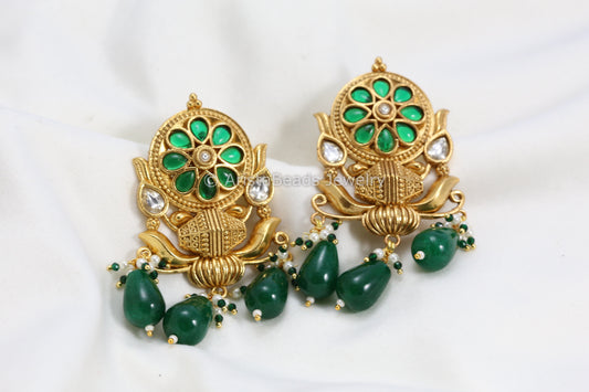 Silver Look-Alike Kundan Antique Gold Earrings - Green