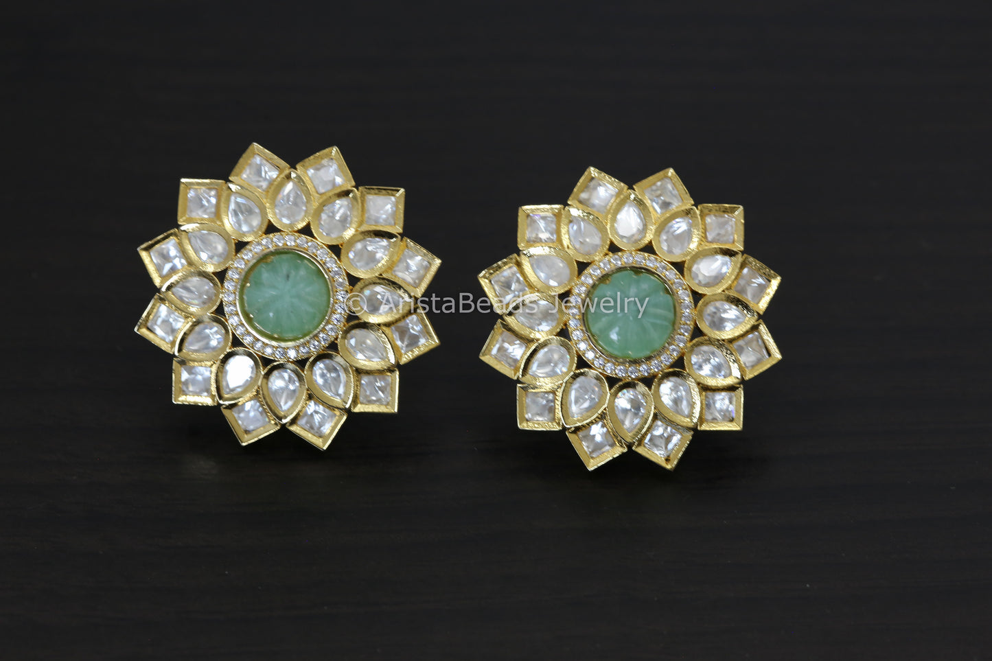 Large Silver Foil Kundan Carved Stone Studs