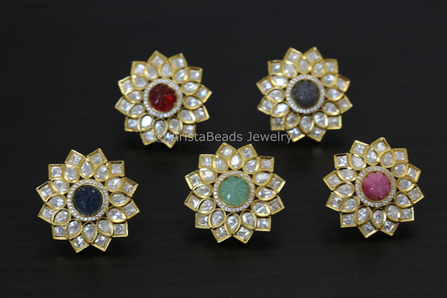 Large Silver Foil Kundan Carved Stone Studs