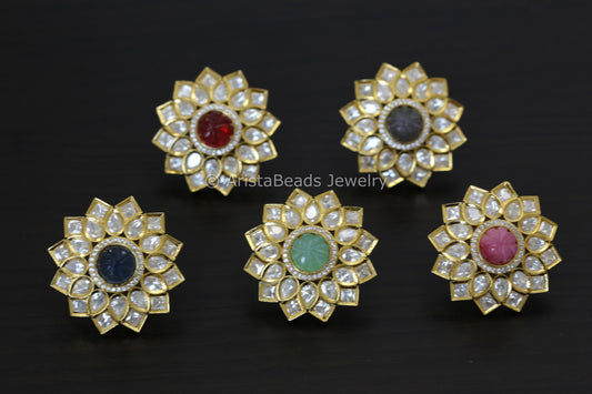 Large Silver Foil Kundan Carved Stone Studs