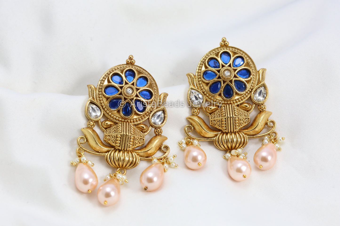 Silver Look-Alike Kundan Antique Gold Earrings - Blue