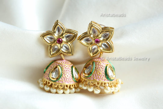 Small Kundan Enamel Jhumka - Pink Enamel