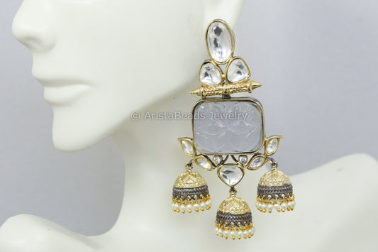 Carved Stone Layered Jhumka - Gray