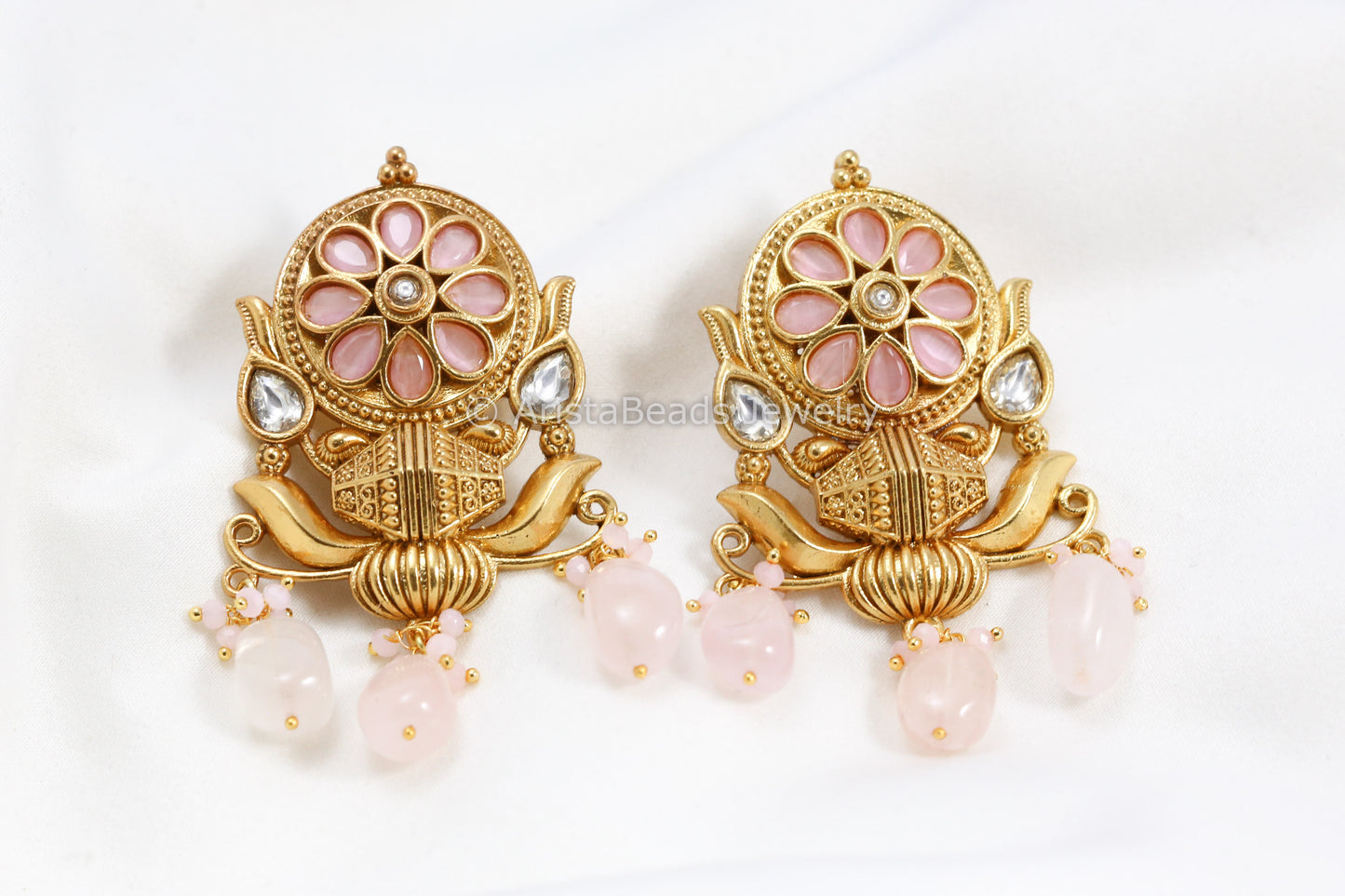 Silver Look-Alike Kundan Antique Gold Earrings - Pink