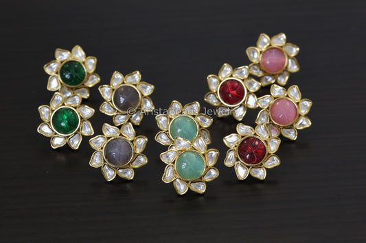 Uncut Polki & Carved Stone Flower Studs