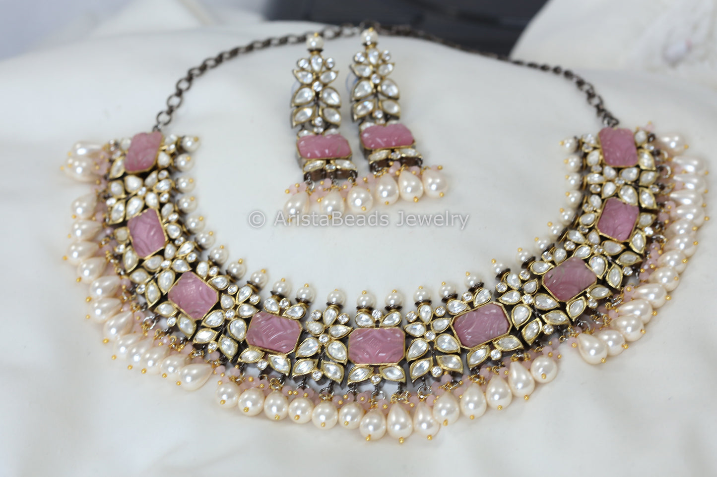 Silver Foil Polki Kundan & Carved Stone Necklace Set  - Pink