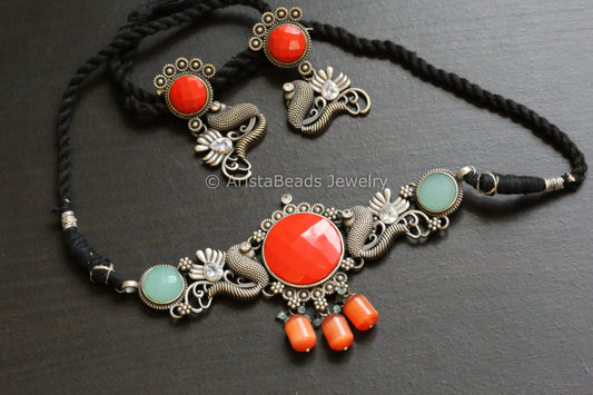 Bright Red & Mint Peacock Choker Set
