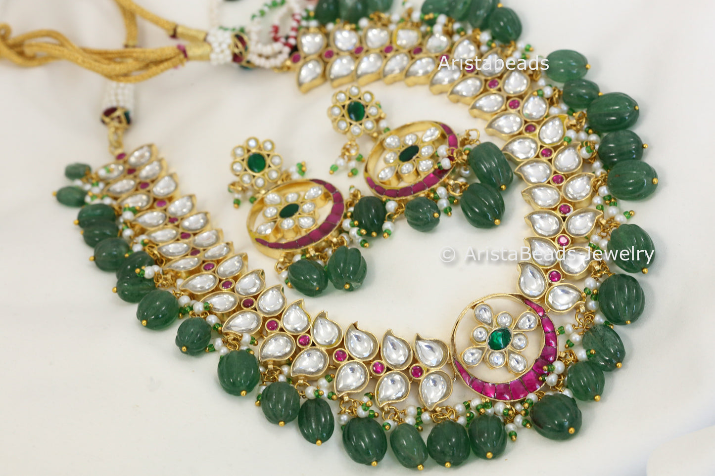Jadau Kundan Necklace Set - Green Strawberry Quartz