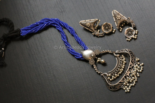 Tribal Oxidized Pearl Drop Necklace Set - Blue
