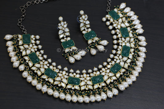 Silver Foil Polki Kundan & Carved Stone Necklace Set  - Green